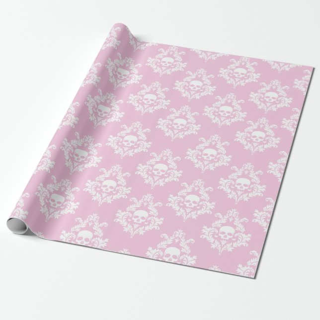 Pastel pink and white skull damask wrapping paper  (Unrolled)