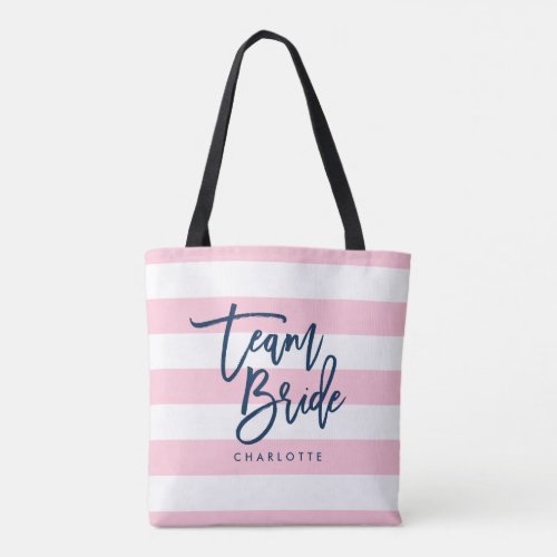 Pastel Pink and White Stripes Blue Team Bride Tote Bag