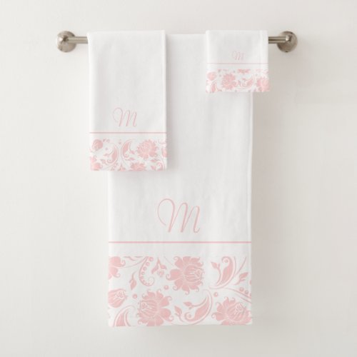 Pastel_pink and white vintage damasks monogram bath towel set