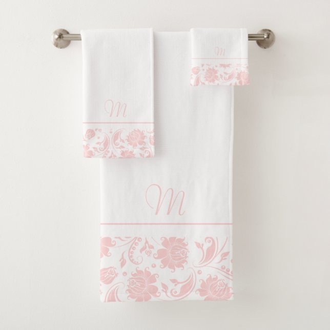 Pastel-pink and white vintage damasks monogram bath towel set (Insitu)
