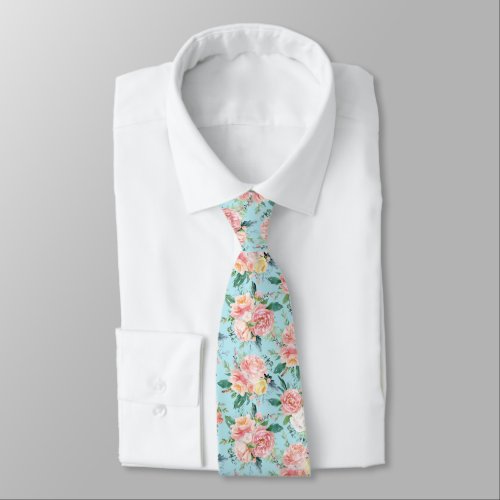 Pastel pink and yellow vintage roses pattern neck tie
