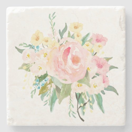 Pastel Pink and Yellow Watercolor Flowers Stone Coaster