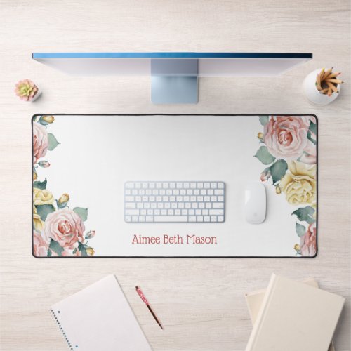 Pastel Pink and Yellow Watercolor Roses wName Desk Mat