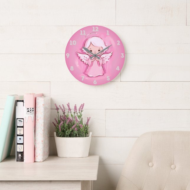 Pastel Pink Angel, Hot Pink And Gray Large Clock (Reading Room)