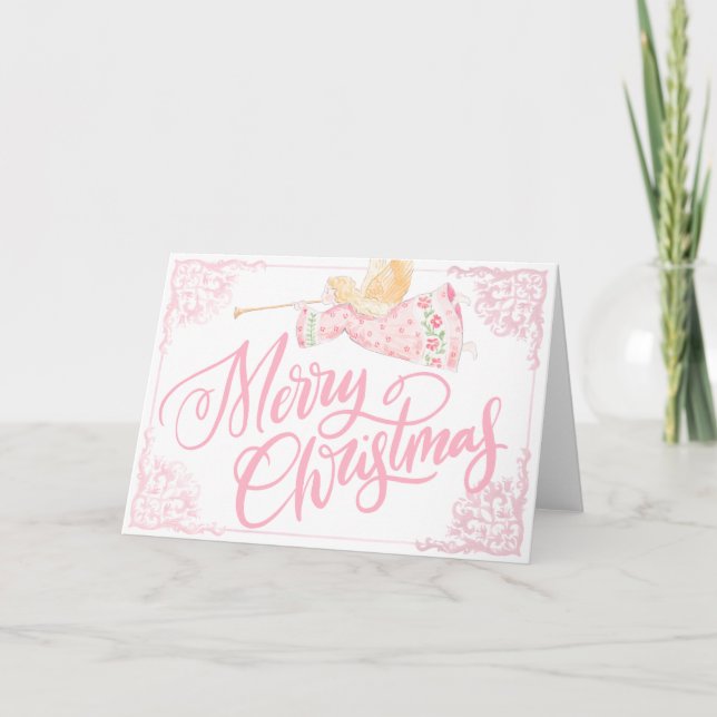Pastel Pink Angel Merry Christmas Card (Front)
