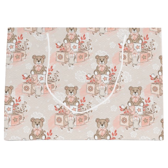 PASTEL PINK BABY BLOCKS TEDDY BEARS FLOWERS LARGE GIFT BAG (Front)