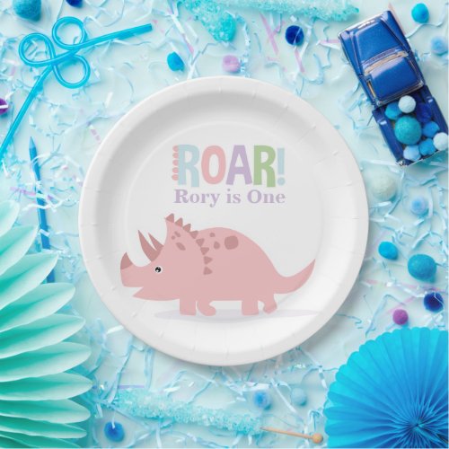 Pastel Pink Baby Dinosaurs Roar Birthday Party Paper Plates