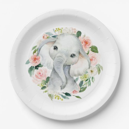 Pastel Pink Baby Elephant Floral Paper Plates
