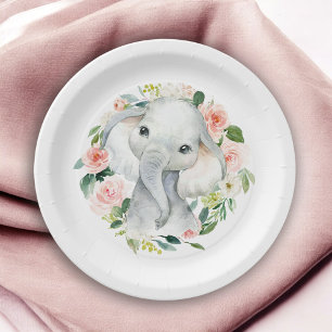 Pastel Pink Baby Elephant Floral Paper Plates