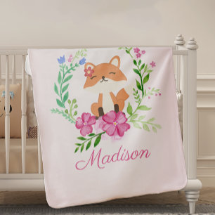 Pastel Pink Baby Girl Cute Floral Framed Fox Baby Blanket