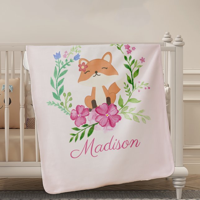 Pastel Pink Baby Girl Cute Floral Framed Fox Baby Blanket (Creator Uploaded)