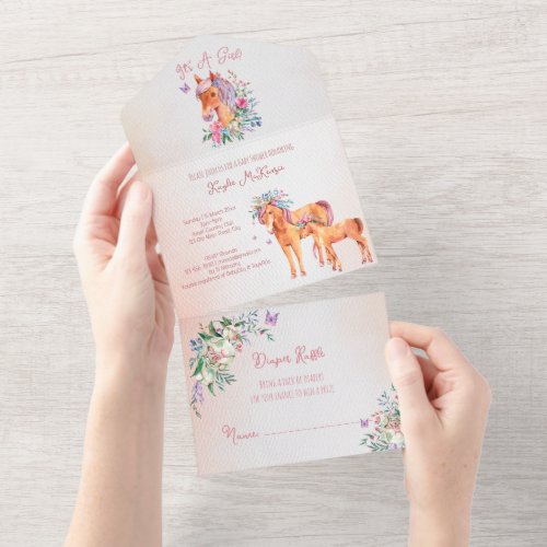 Pastel pink baby horse all in one baby shower all in one invitation