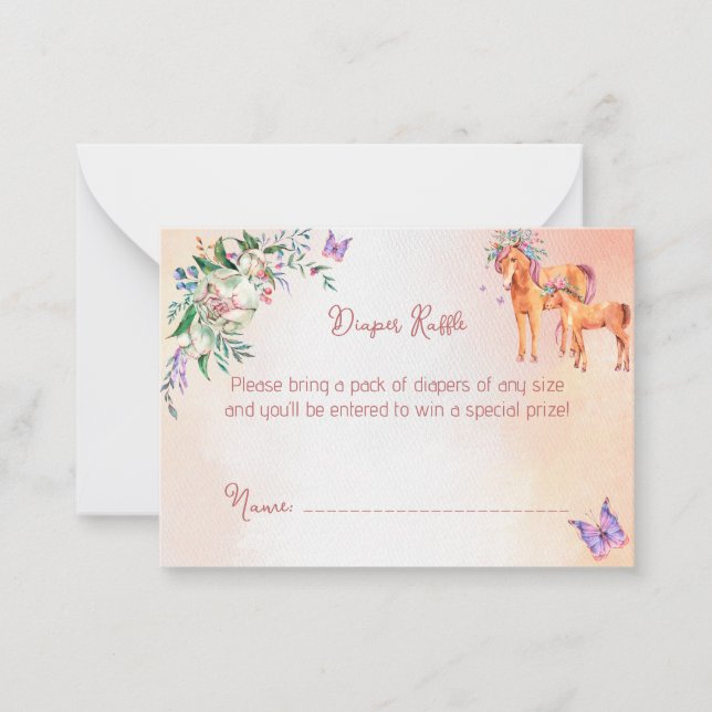 Pastel pink baby horse baby shower diaper raffle note card (Front)