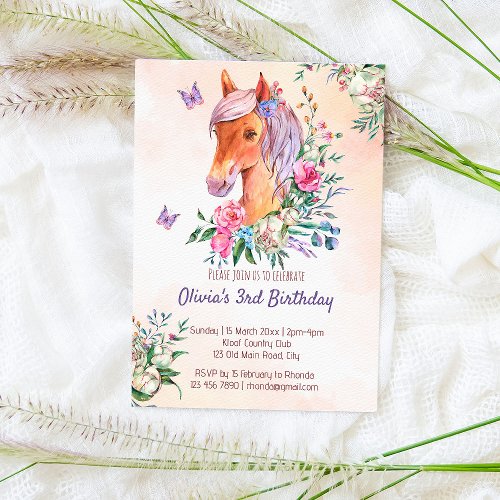 Pastel pink baby horse girls birthday party invitation