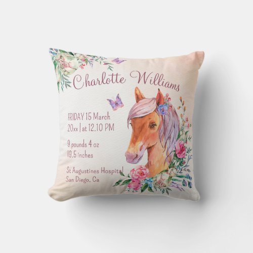 Pastel pink baby horse pony baby birth stats throw pillow