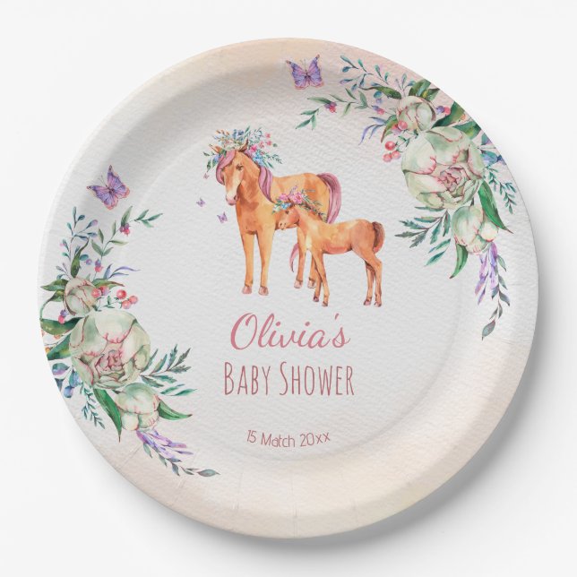 Pastel pink baby horse with mother baby shower  paper plates (Front)