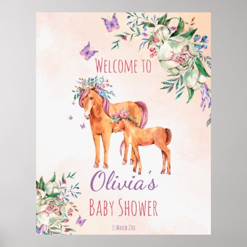 Pastel pink baby horse with mother baby shower  poster