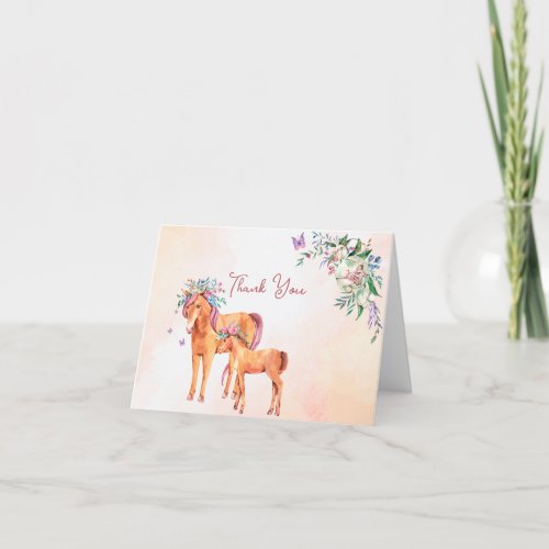 Pastel pink baby horse with mother baby shower  thank you card