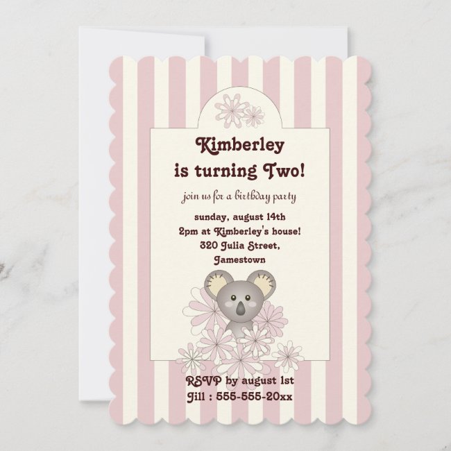 Pastel Pink Baby Koala Girl Birthday Invitation