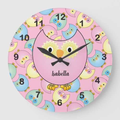 Pastel Pink Baby Owl Nursery Theme Large Clock