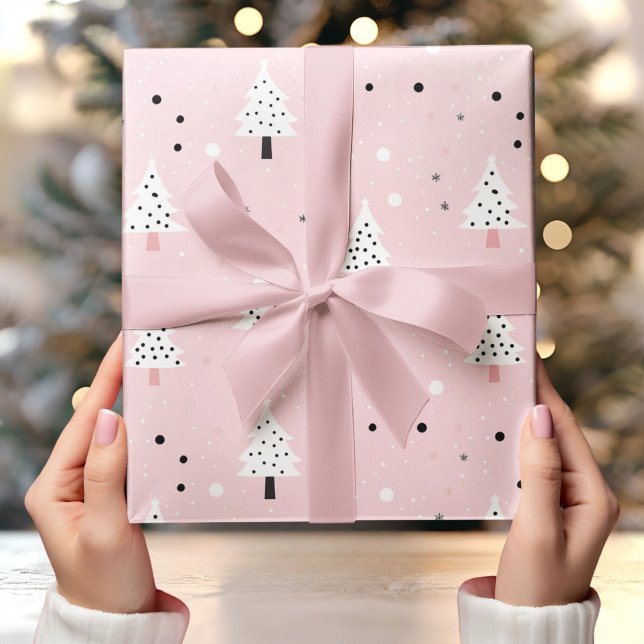 Pastel Pink Background with White Christmas Tree  Wrapping Paper (Creator Uploaded)