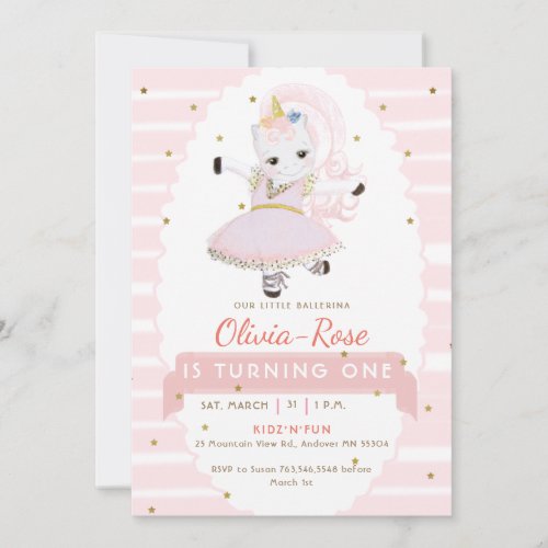 Pastel Pink Ballerina Unicorn Gold Girl Birthday Invitation