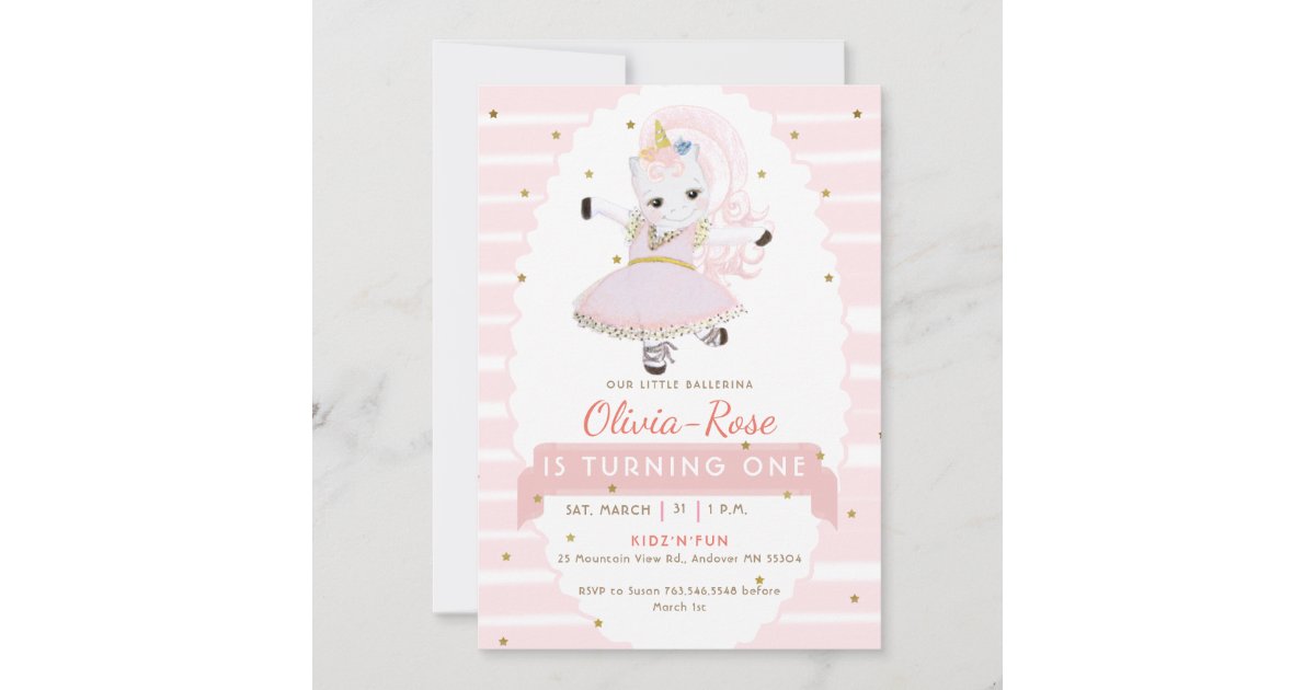 Pastel Pink Ballerina Unicorn Gold Girl Birthday Invitation Zazzle