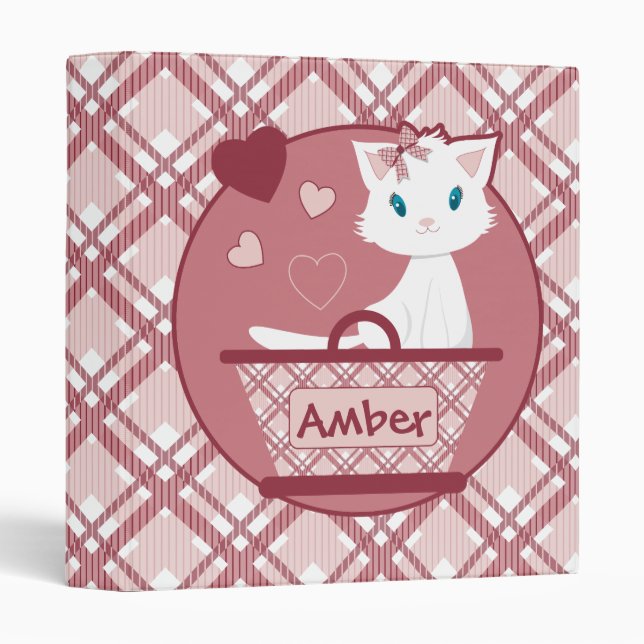 Pastel Pink Binder with cute white kitten basket (Front/Spine)