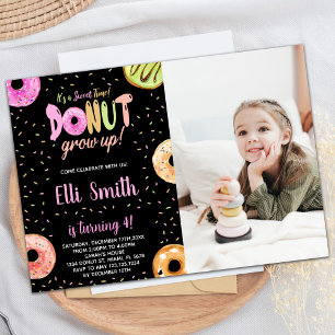 Pastel Pink Black Photo Donut Birthday Invitations