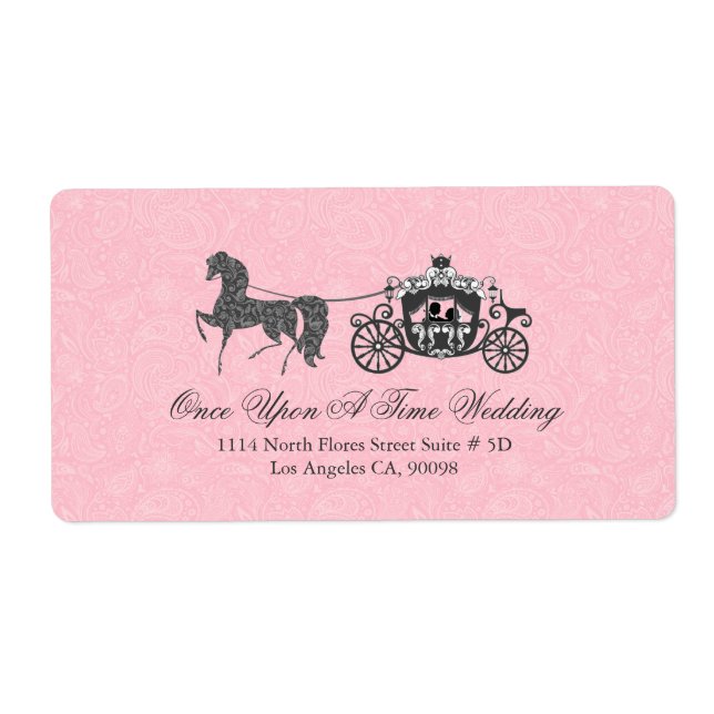 Pastel Pink & Black Wedding Horse & Carriage Label (Front)