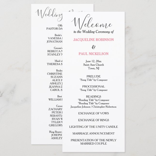 Pastel Pink Black Wedding Program (Front/Back)
