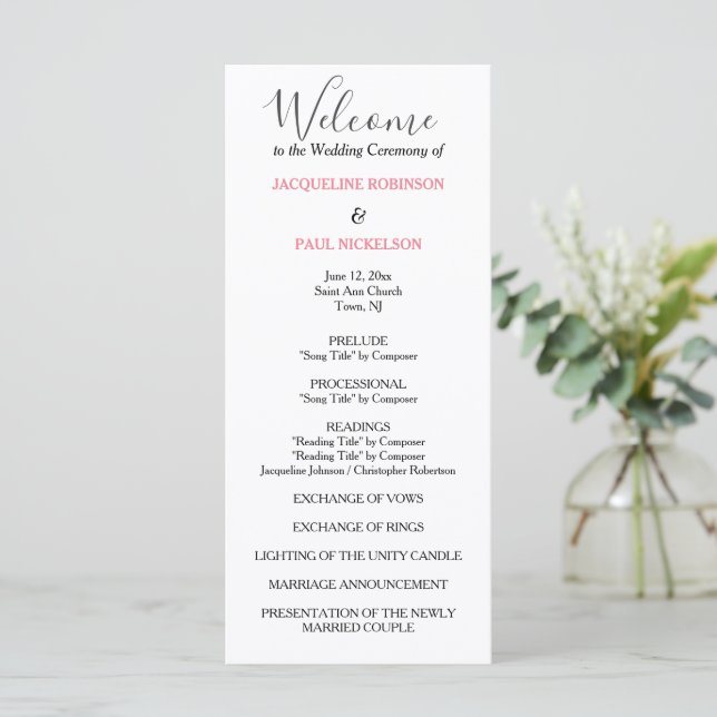 Pastel Pink Black Wedding Program (Standing Front)