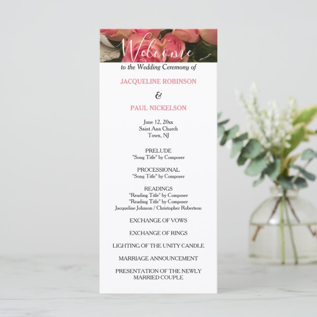 Pastel Pink Black Wedding Program (Standing Front)