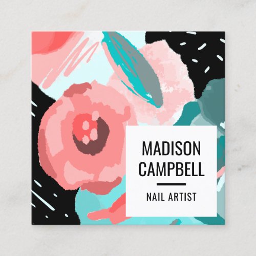 Pastel pink blue abstract floral brushstrokes art square business card