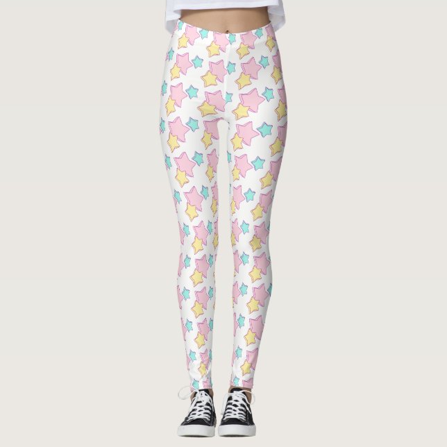Pastel Pink Blue and Yellow Stars print pattern Leggings (Front)