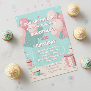 Pastel Pink Blue Balloon Girl's 2nd Birthday Party Invitation