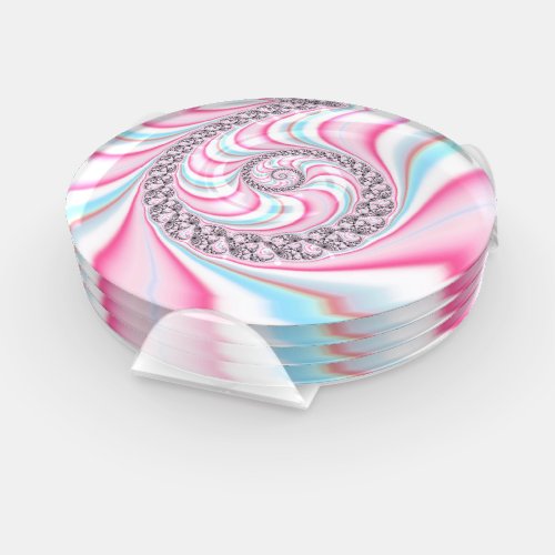 Pastel Pink Blue Candy Cane Spiral Fractal Coaster Set