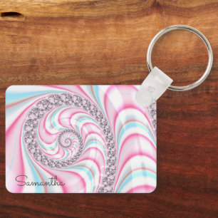 Pastel Pink Blue Candy Cane Spiral Fractal Keychain