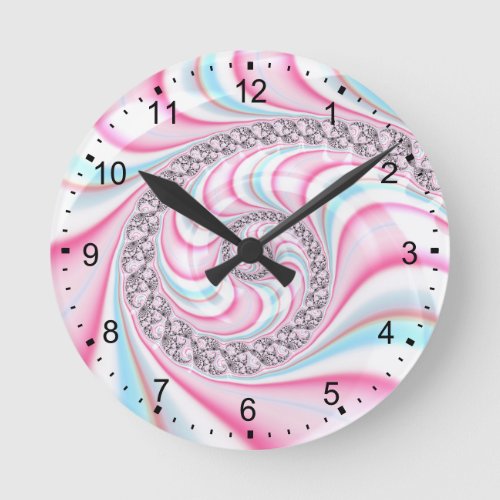 Pastel Pink Blue Candy Cane Spiral Fractal Round Clock