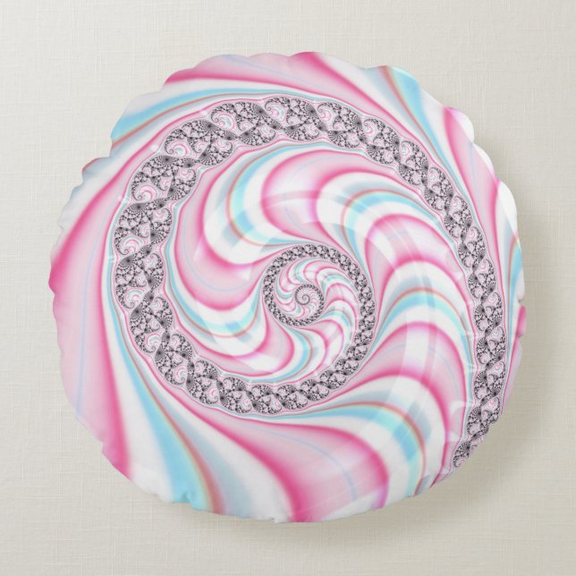 Pastel Pink Blue Candy Cane Spiral Fractal Round Pillow (Front)