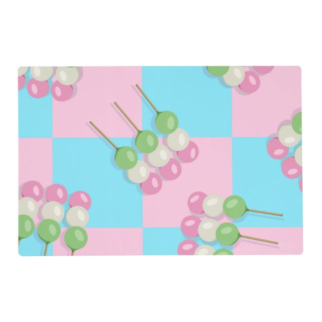 Pastel Pink Blue Checkered Dango Laminate Placemat (Front)