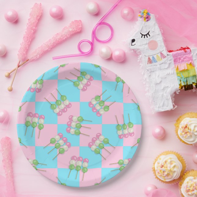 Pastel Pink Blue Checkered Dango Paper Plate (Party)