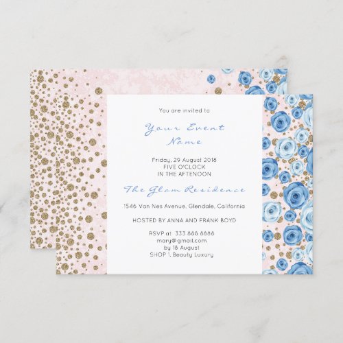 Pastel Pink Blue Confetti White Glitter Dots Roses Invitation