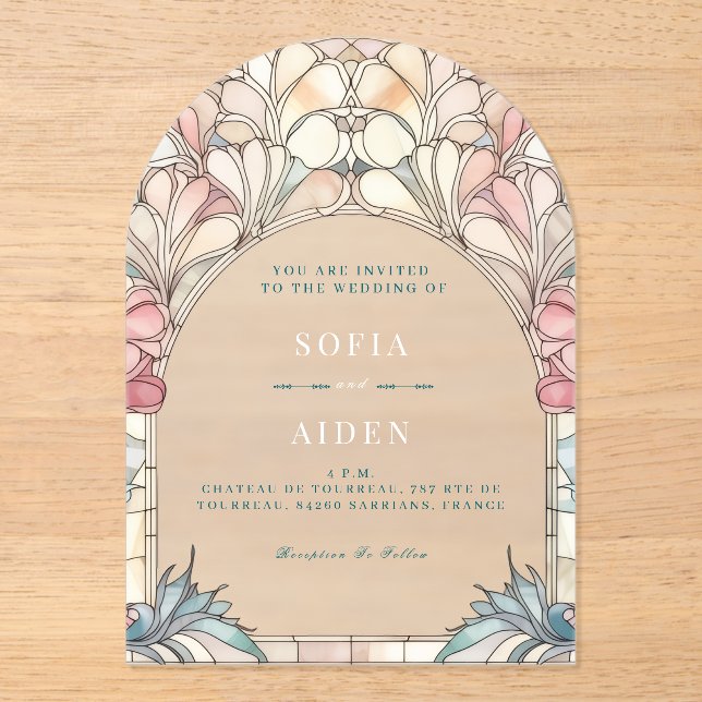 Pastel pink blue floral acrylic invitation (Front)