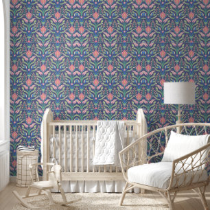 Pastel Pink Blue Floral Art Nouveau Wallpaper