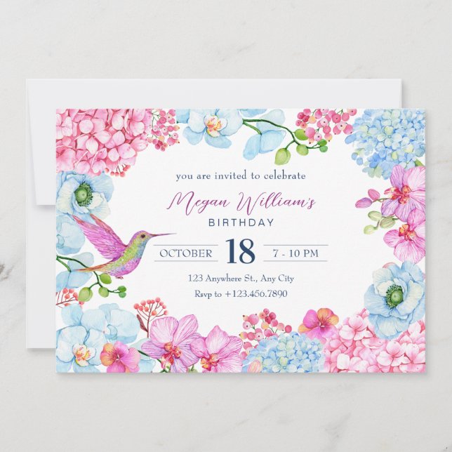Pastel pink blue floral branch with bird birthday invitation (Front)