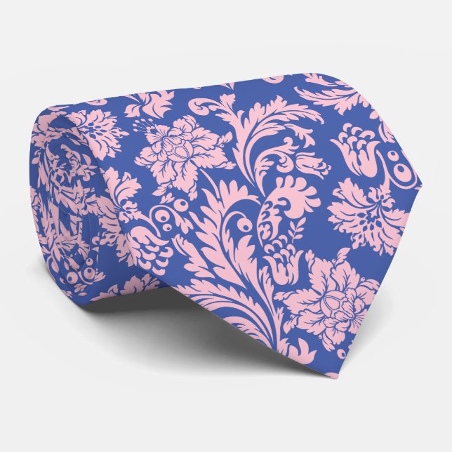 Pastel Pink & Blue Floral Damask Pattern Neck Tie (Rolled)