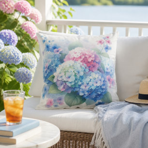 Pastel Pink Blue Floral Hydrangea Flower Booms Outdoor Pillow