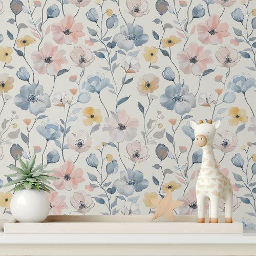 Pastel Pink Blue Floral Pattern Wallpaper