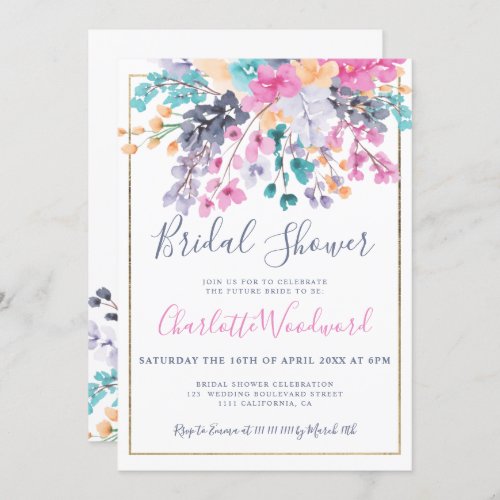 Pastel pink blue floral watercolor bridal shower invitation
